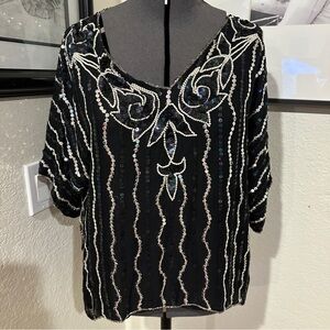 VINTAGE Marquise Black Sequin Pearl Top NYE M-L